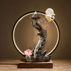 Large Buddha Hand Lotus Backflow Incense Burner, Home Decoration LED Light Circle Pink Lotus White Flower Backflow Incense Seat