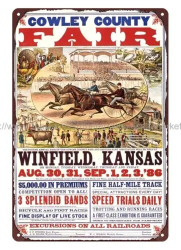 old signs sale 1886 Cowley County fair Winfield, Kansas RODEO metal tin sign