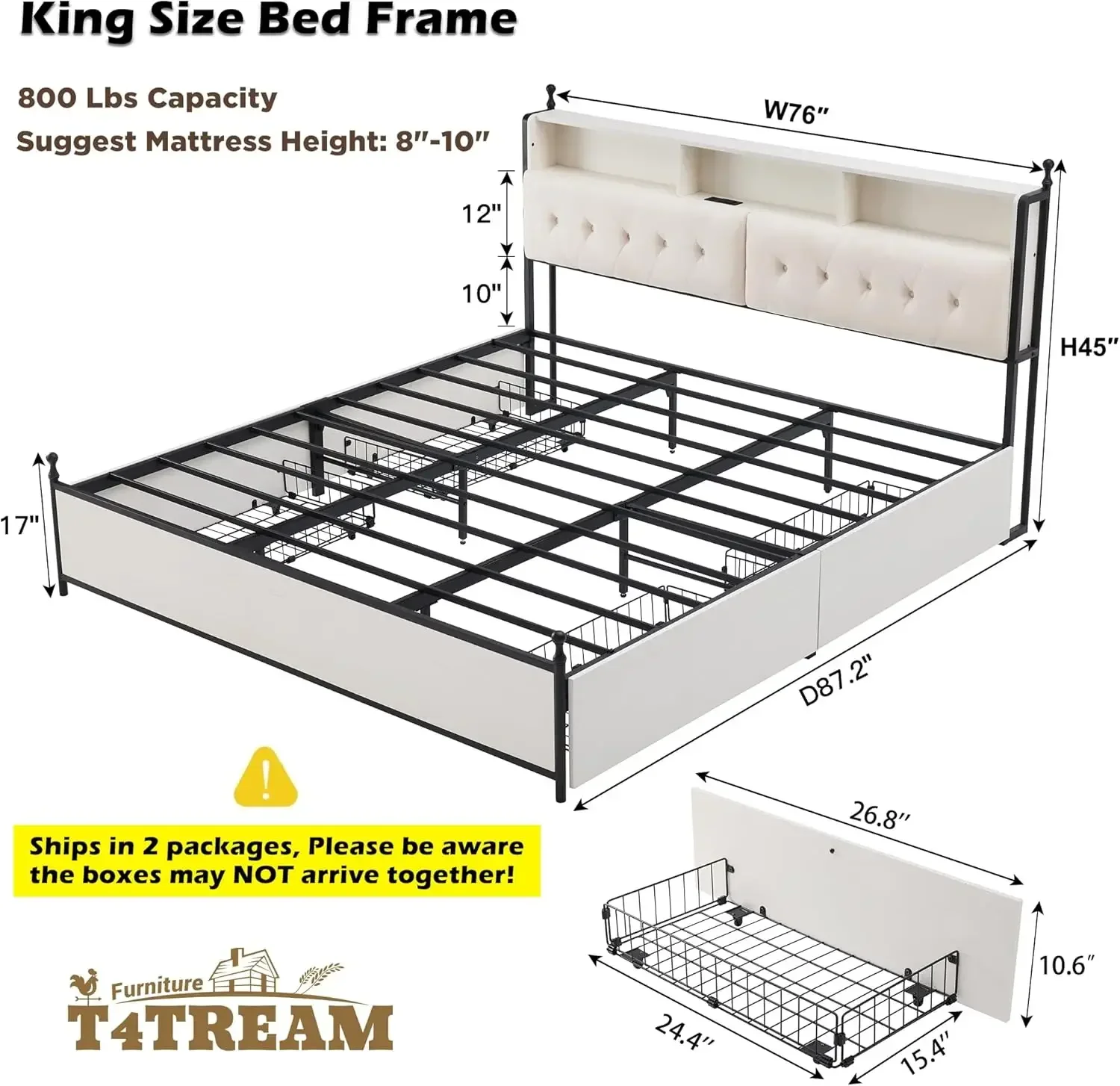 Upholstered Headboard and 4 Drawers, Farmhouse Metal Platform Bed w/LED Lights & Charging Station