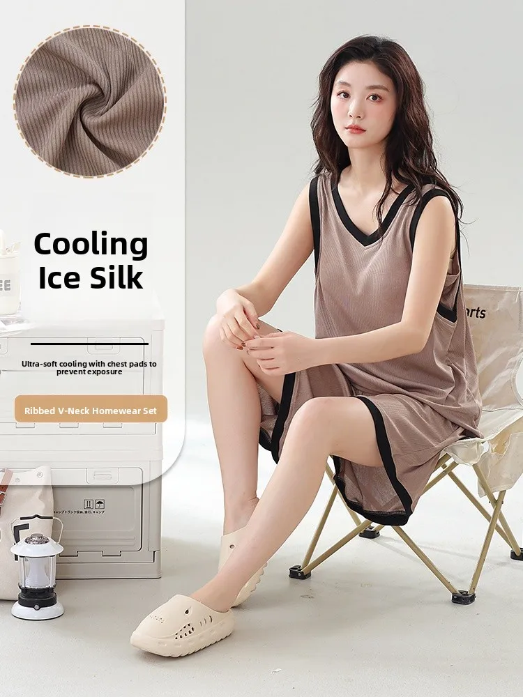 Conjunto de Roupa de Casa Fena de Verão, Sensação Refrescante, Csola Sem Mangas de Seda Gelada, com Bojo Inteado, Fi...