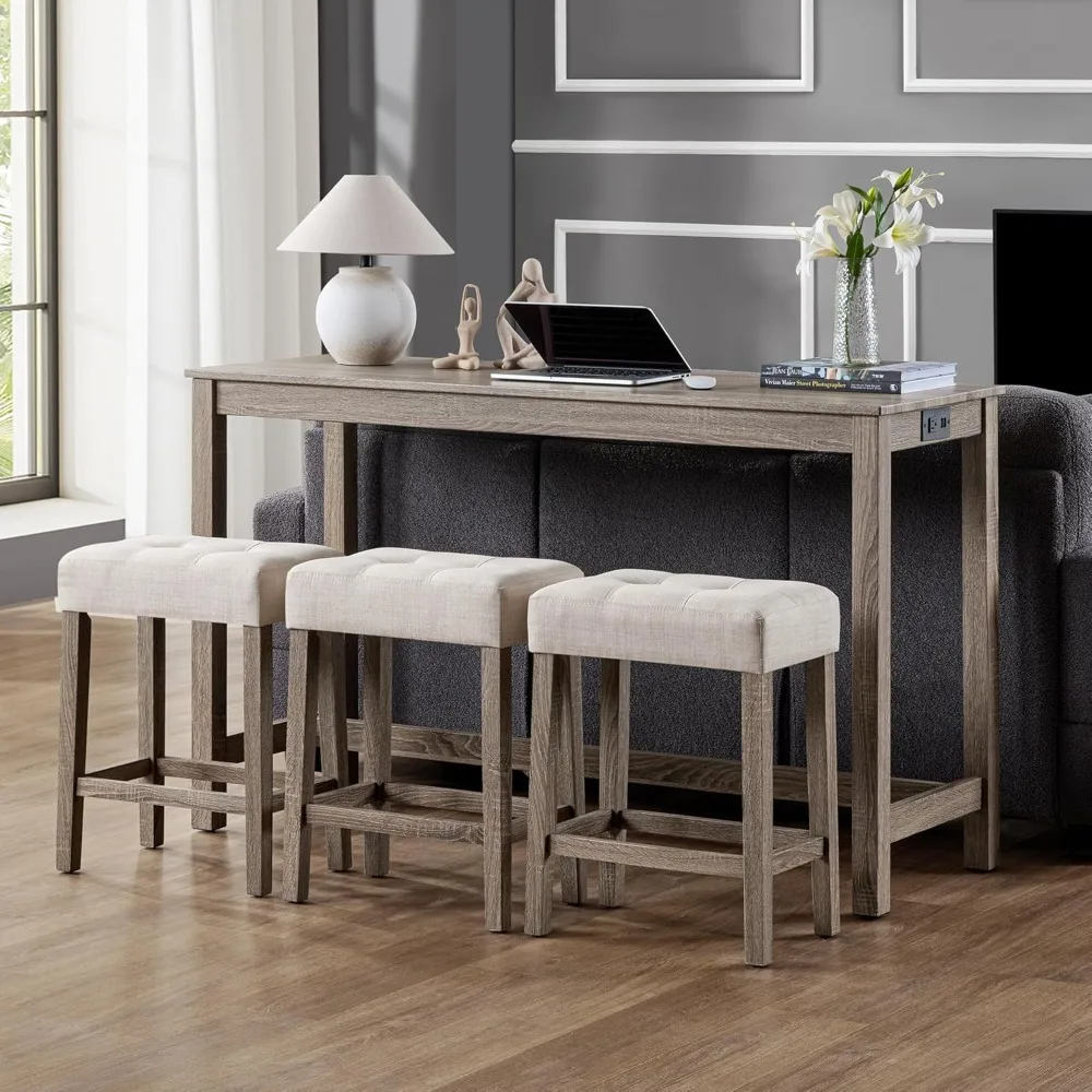 

4Piece Bar Table Set with Power Outlet,Industrial Breakfast Table with 3Padded Stools Solid Wood Counter Height Dining Table Set