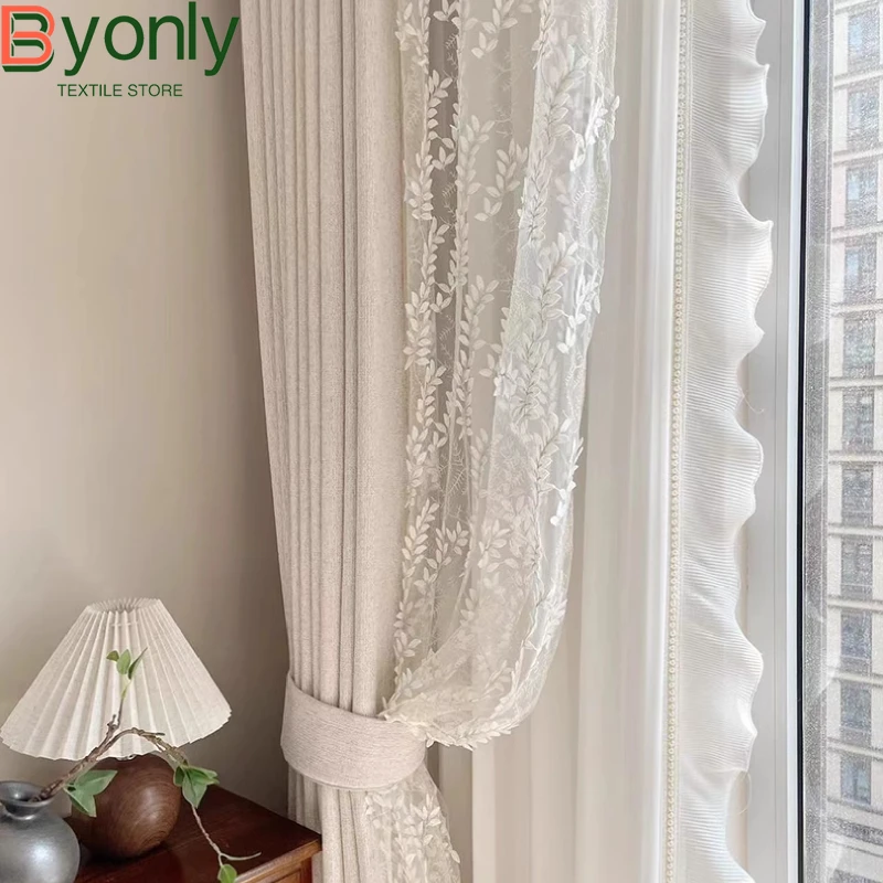 Cream Beige Relief Leaf Embroidered Yarn Splicing Chenille Curtains for Living Room Bedroom Balcony Window Curtains Customized