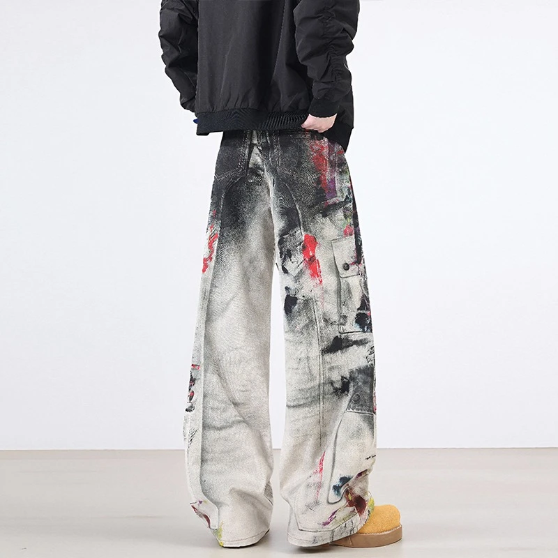 Fashion Splicing Graffiti Jeans New Autumn Winter American Street Loose Wide Leg Denim Trousers Concert Hip Hop Versatile Pants