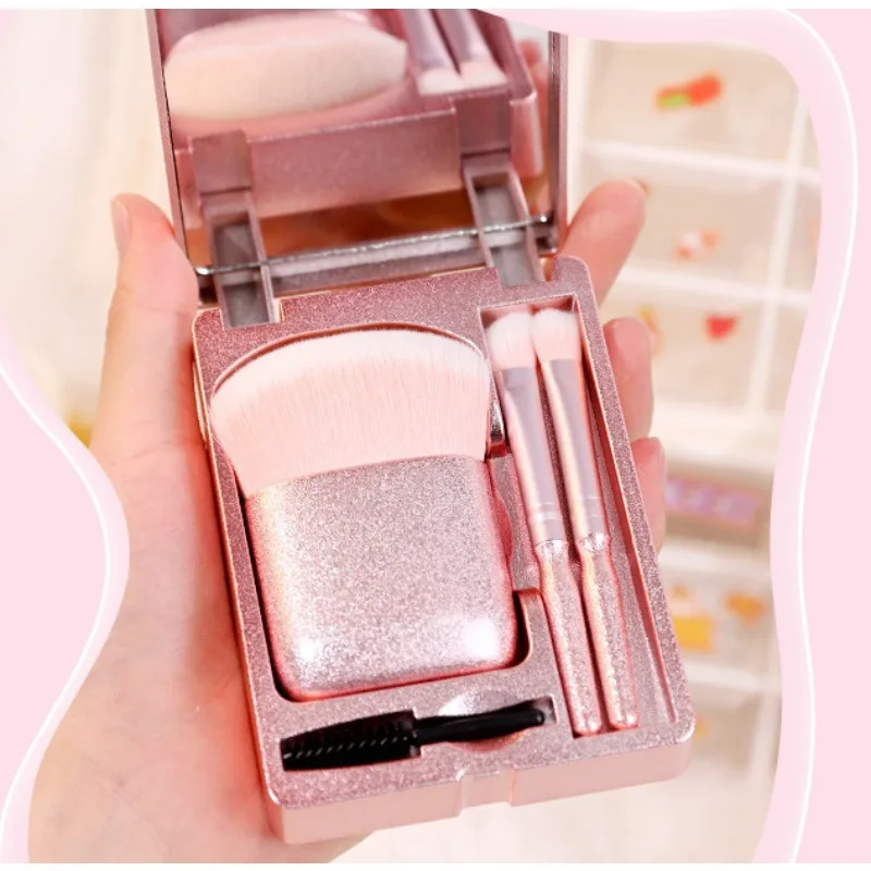 4 STKS Mini Spiegel Box Reizen Make-up Borstel Kunstmatige Vezel Foundation Make-up Poeder Blusher Draagbare Oogmake-up Borstelset