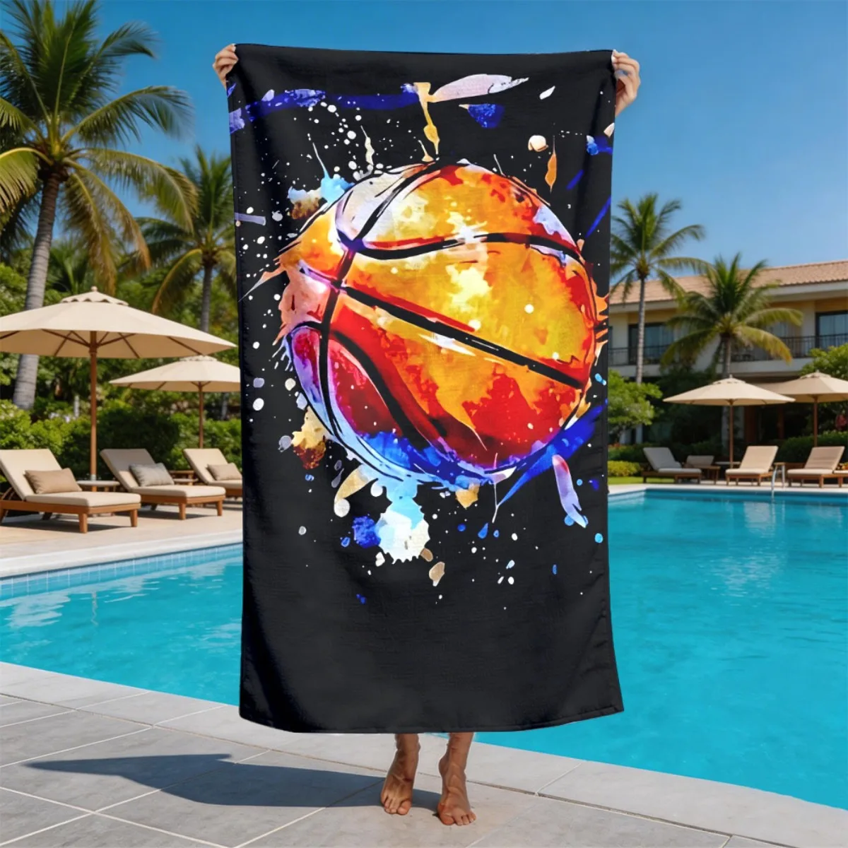 Watercolor splashed ink basketball theme polyester microfiber beach towel is highly absorbent, suitable for swimming and beach