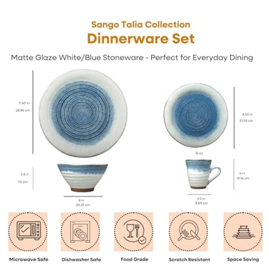 Talia 16Piece Casual Blue Stoneware Dinnerware Set Service for 4 Blue and White Matte Glaze with Unique Swirl Design for Everyd