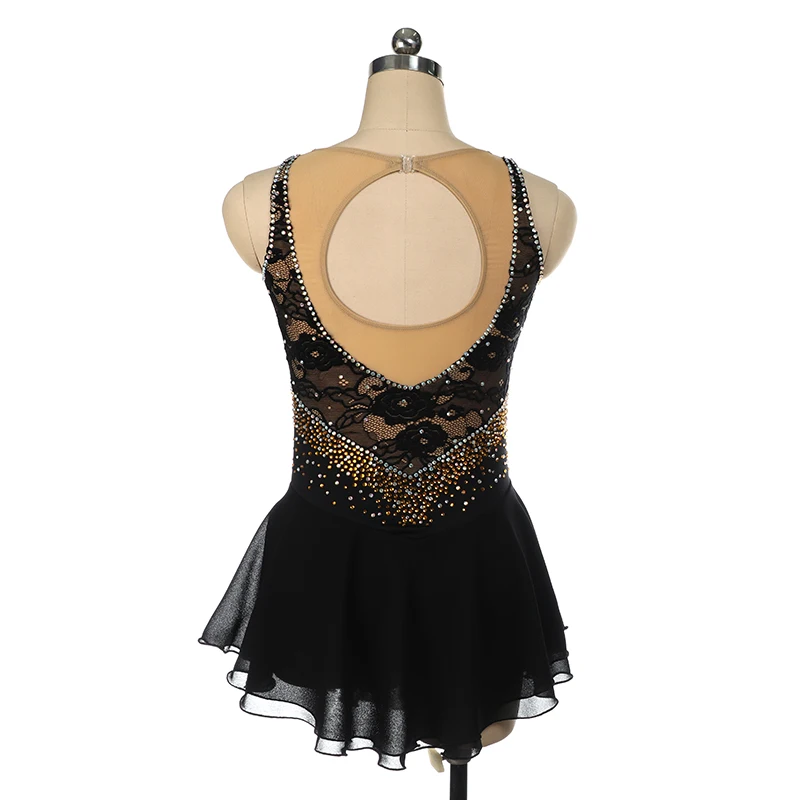 Black Figure Skating Dress Long-Sleeved Ice Skating Skirt Spandex lace with golden rhinstones view 5