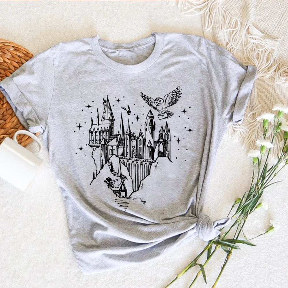 Aesthetic HP Tshirt  Summer Men Women Short Sleeved Shirt Harajuku Castle T Shirt Vintage Wizard Shirts Unisex Magical Top