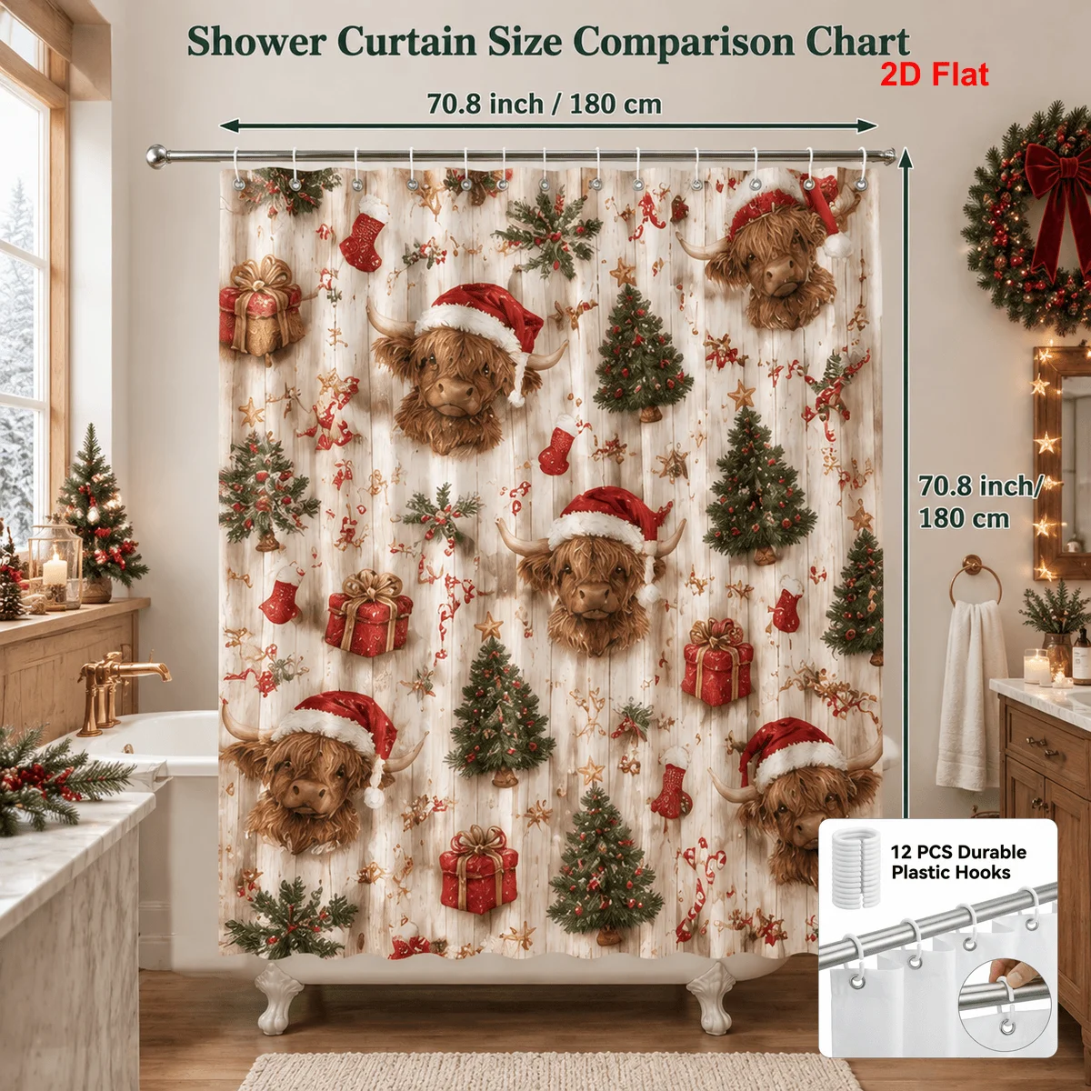 1pc 2D Flat Shower Curtain, Christmas Highland Cow Print, Wood, Trees, Gifts & Stockings, Farm Style Holiday Bathroom Decor