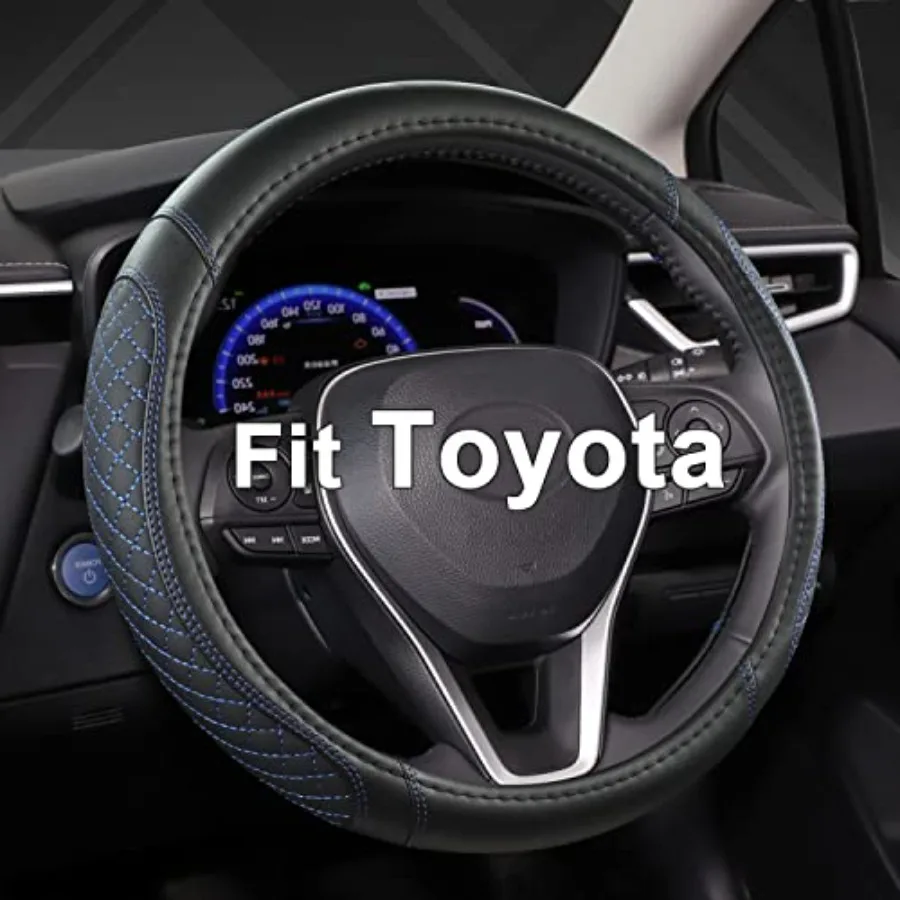 

Customized Auto Car Steering Wheel Cover for Toyota Rav4 Corolla Camry Highlander Diamond Quilted-Black+Blue-Standard Size