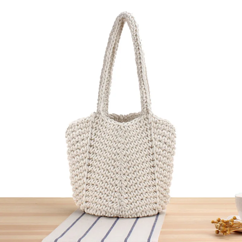 Handwoven Korean casual solid color cotton water bucket bag with a unique lazy style, one shoulder underarm bag