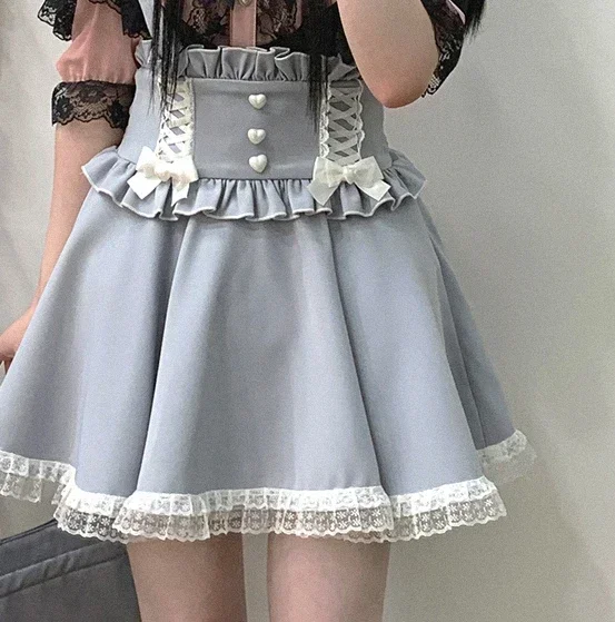 

Ruffled Flying Sleeve Bow Bandage Lace Strap Skirts Summer New Sweet Cute Girls Wild High Waist A- Line Short Suspender Skirt