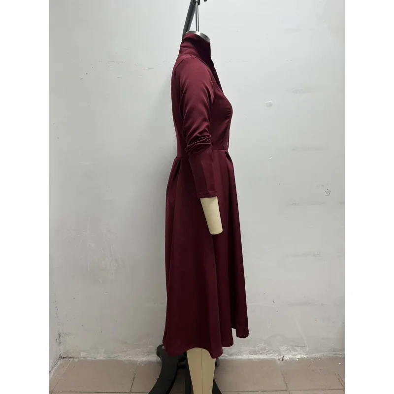Elegantes Damen-Midikleid mit Hemdkragen, langen Ärmeln, V-Ausschnitt, Knopfleiste vorne, A-Linien-Schnitt, ausgestellter Rock und Taschen – ideal für Büro, Party oder formelle Anlässe. – Detail 7