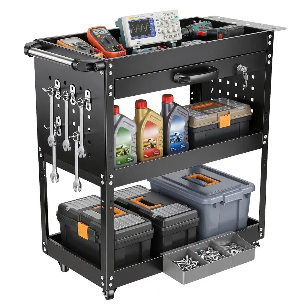 

3 Tier Heavy Duty Rolling Tool Cart with Drawer & Pegboard 331 LBS Capacity 10 Hooks on Wheels for Garage Workshop
