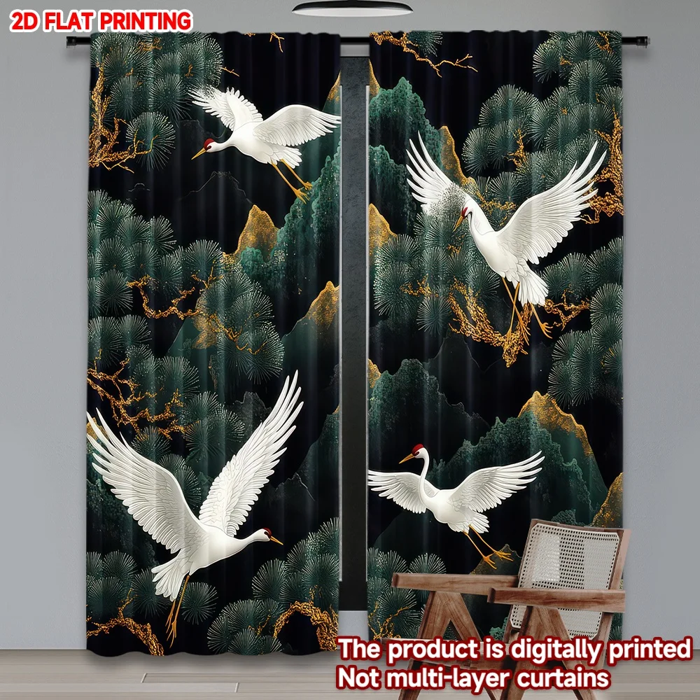 

2D flat printing 2pcs Window Curtains Cranes Among Pine Trees Digital Printed Polyester Drapes Birthday Party Use for Living