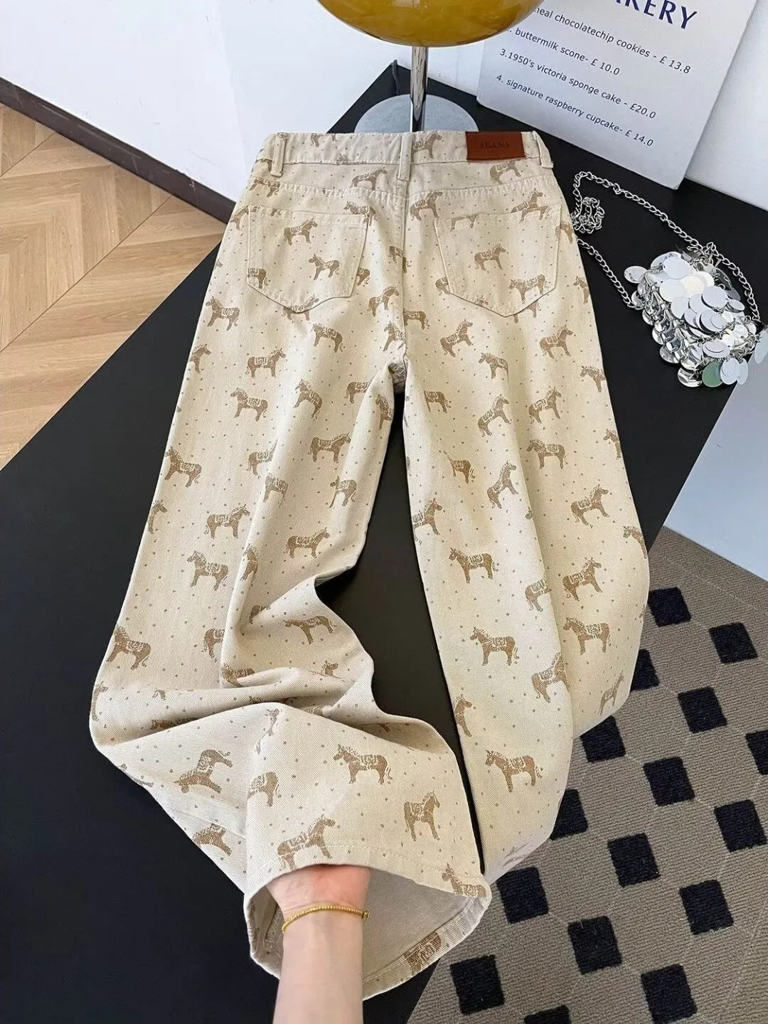 Khaki Color  Print Wide Leg Jeans Women's Loose Fit Slim Straight Cut Trousers Autumn New Design Casual Comfortable Jeans