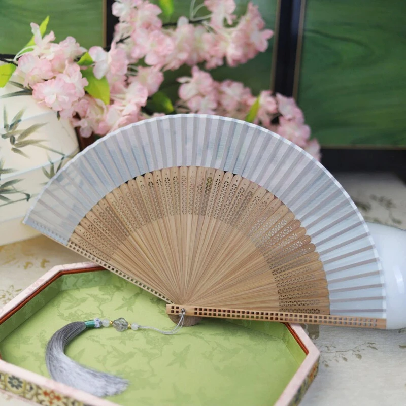 Solid Color Bamboo Folding Fan with Hollow Carved Frame Portable Summer Cooling Daily Fan for Women Hanfu Cheongsam Dance Gift