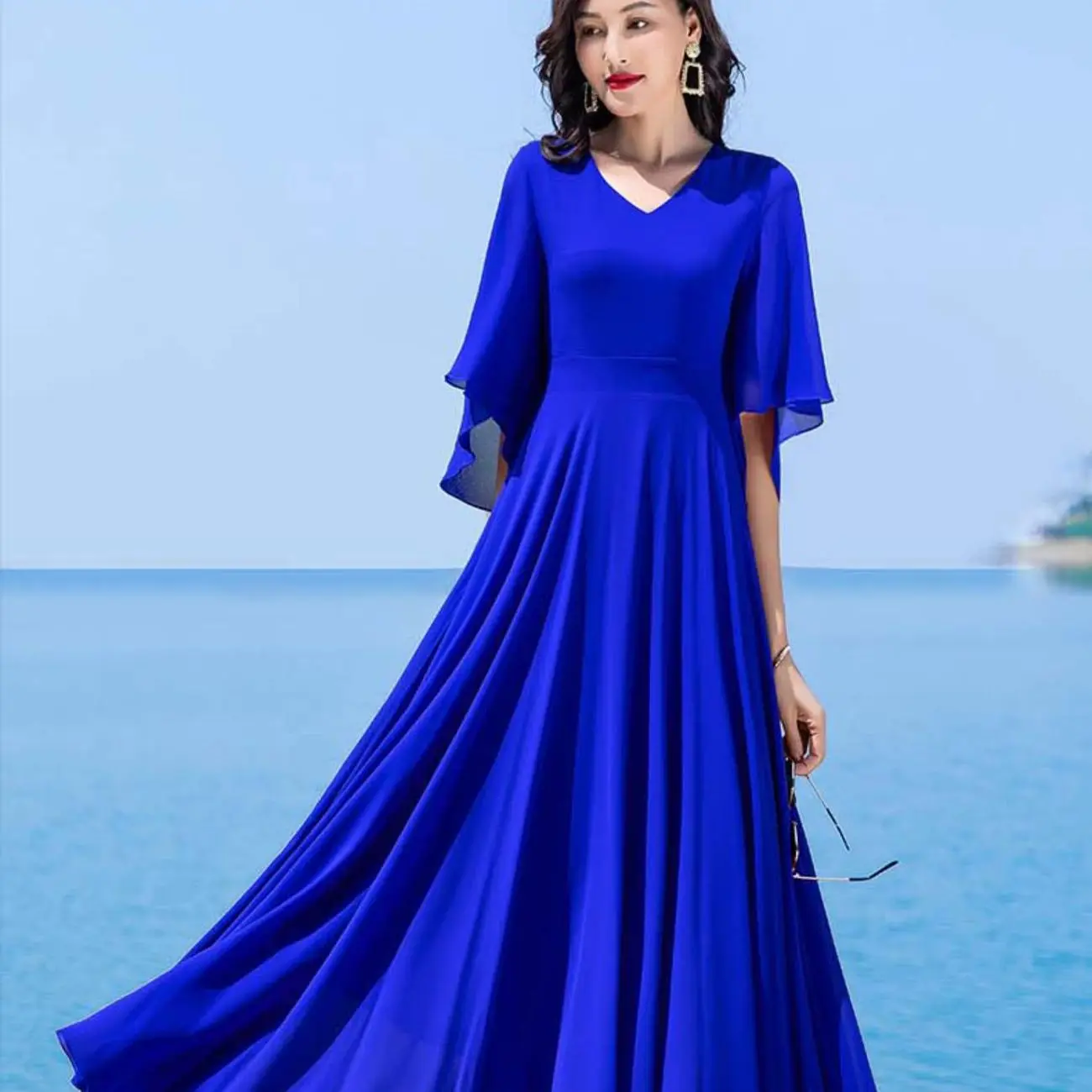 Women Summer Dress Swing Solid New Mid Sleeve Dancing Chiffon Bohemian Vacation Beach Long Elegant Ladies Party Dresses Vestidos