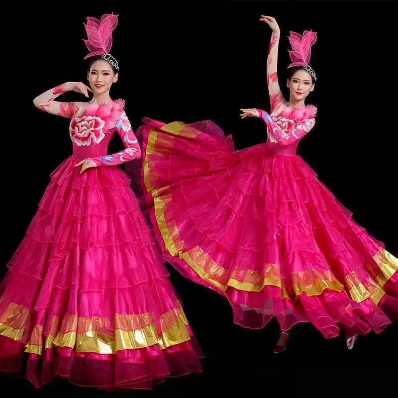 Spanish Bullfight Red Dress Flamenco Dance Performance Costume Opening Dance Big Swing Full-skirt for Adult Fluffy Dancing Wear