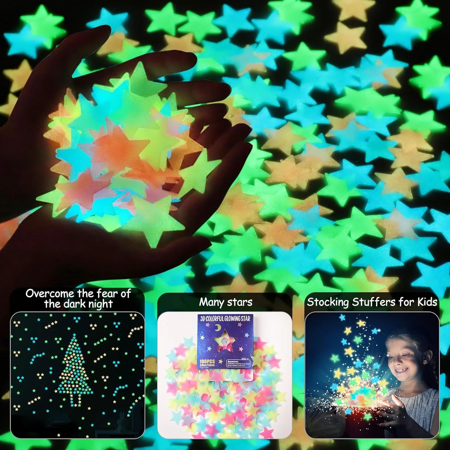 100pcs Glow in The Dark Luminous Stars Fluorescent Noctilucent Plastic Stars Wall Stickers Glowing Stars Decals for Home Art Decor Nursery Ceiling Kids Babys Bedroom Room Multicolor