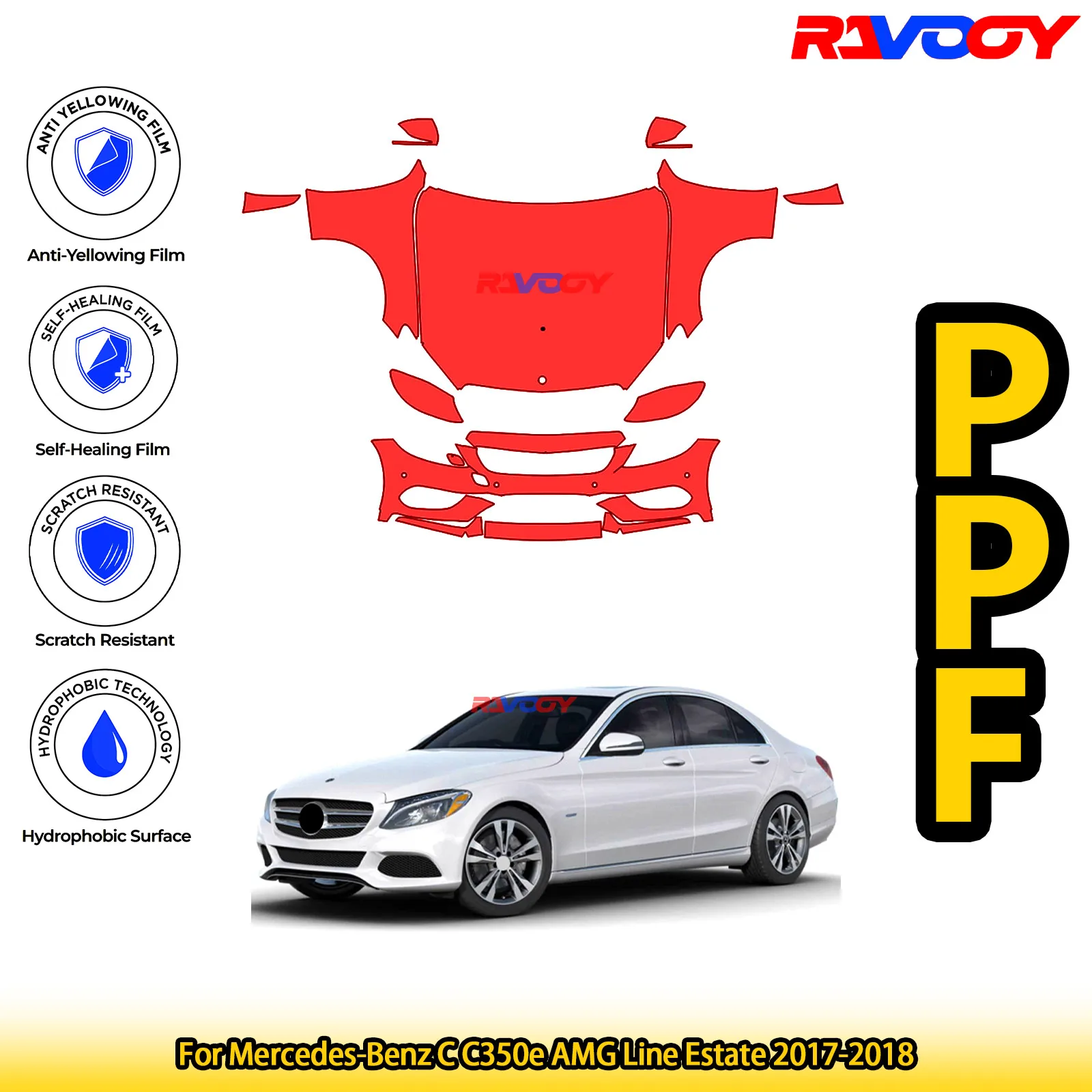 

For Mercedes-Benz C C350e AMG Line Estate 2017-2018 Glossy Matte Black Precut front PPF Kit Paint Protection Film