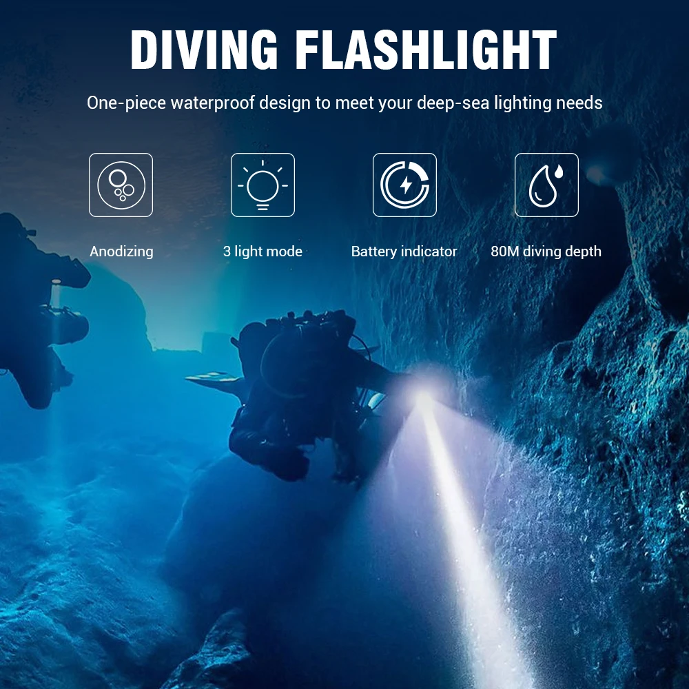 BORUiT Powerful Diving Flashlight LED 1000LM Super Professional Underwater Torch Using 18650 IPX8 Waterproof Lamp With hand rope