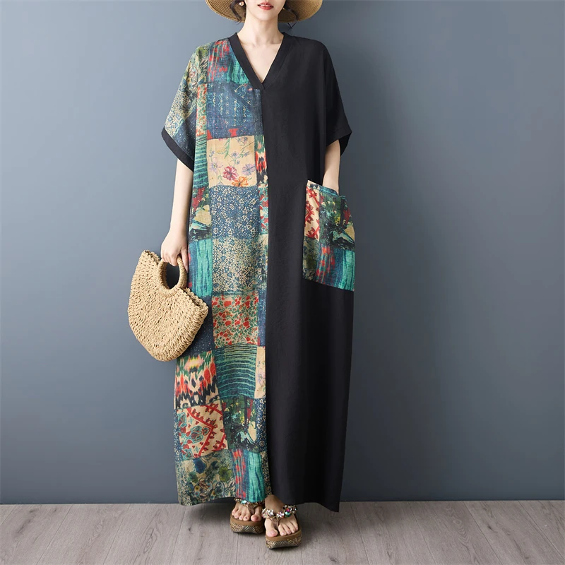 

Slimming Long V-Neck Short Sleeve Color Block Cotton Linen Dress for plus Size Women Artistic Loose Fit Summer City Walk Dress