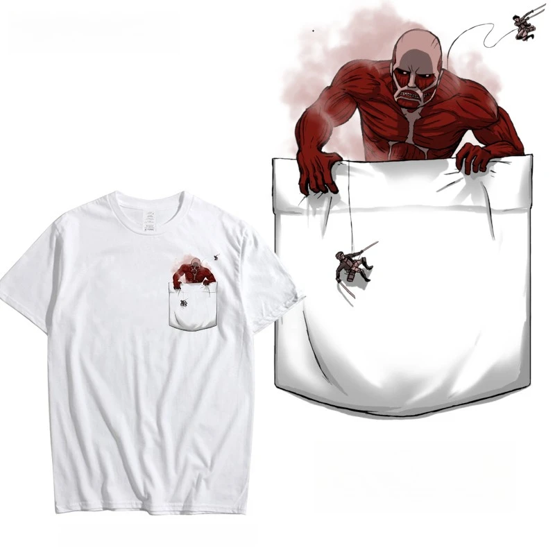 Verano divertido bolsillo ataque gigante Anime periférico impreso ropa suelta manga corta Camiseta hombres y mujeres Top de algodón