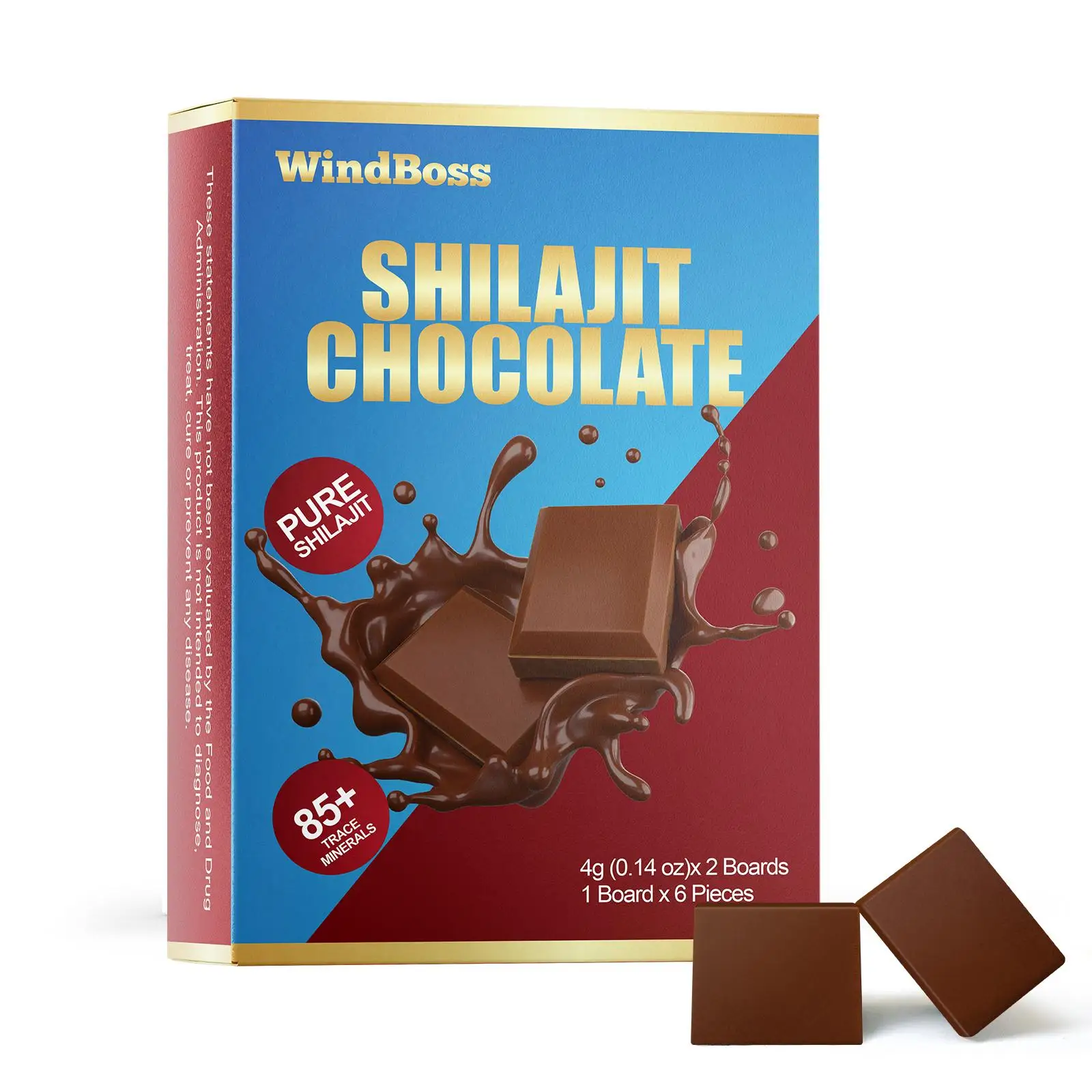 WindBoss Chocolate con Shilajit Puro – 85+ Minerales Naturales – Energía y Vitalidad Diaria – 2 Barras (12 Piezas)