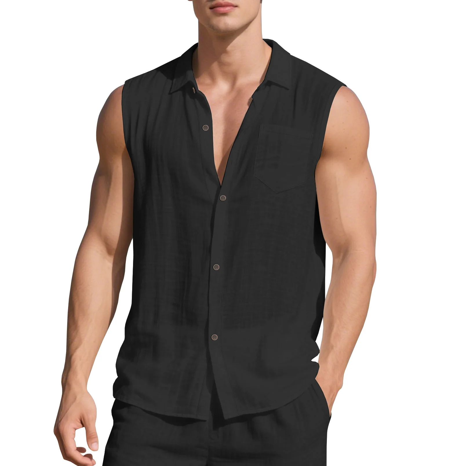 Camisa de Playa sin Mangas para Hombre, Estilo Europeo y Americano, con Solapa, Novedad de Verano, Holgada, de Lino, Simple y Casual 3