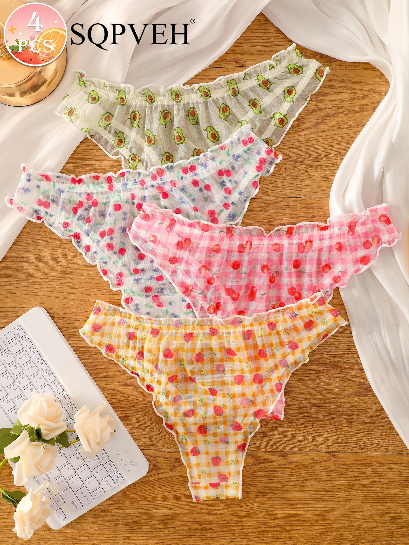 4Pcs Women's Fruits Print Mesh Thongs Ruffle Trim Bow Decor Sheer Briefs Cute Sexy Underwear Panties