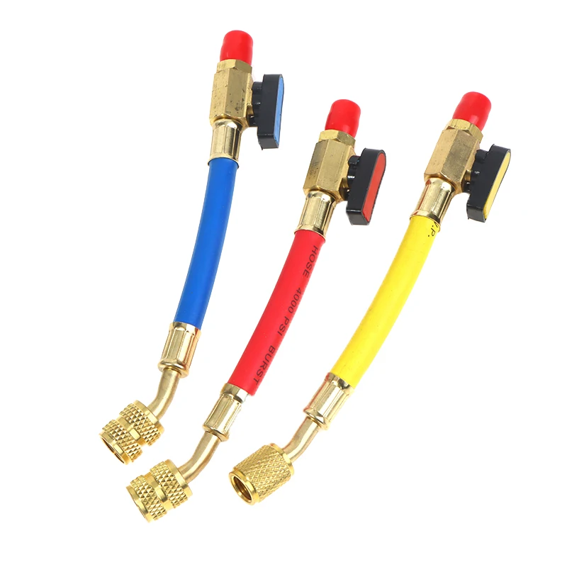 Mangueras de aire acondicionado de 1/4 "SAE * 5/16SAE R22 R134A R410A, herramientas de refrigerante de CA, adaptador de válvula de bola de cierre en ángulo de refrigerante
