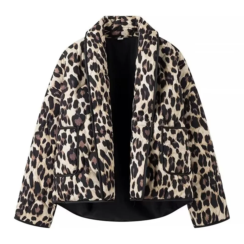 PB&ZA 2024 Early Autumn New Women\'s Fashion Versatile Long Sleeve Leopard Print Buttonless Slim Jacket