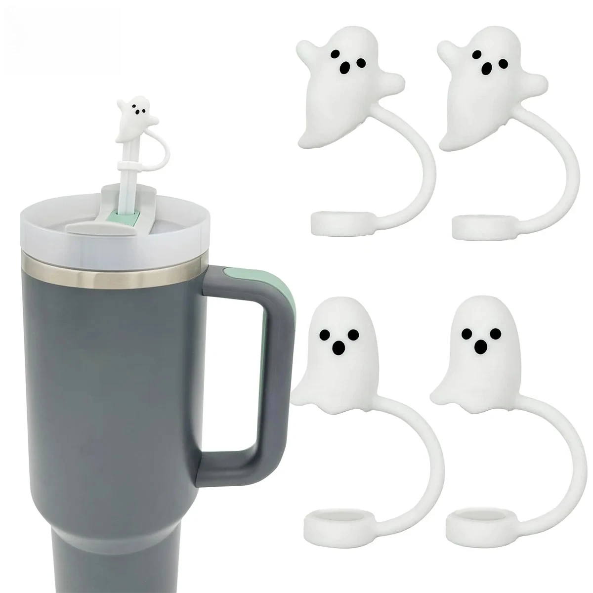 Cute Ghost Straw Covers Cap Compatible with Stanley Cup 30 40 oz, Reusable Drinking Straw Topper, Funny Tumbler Accessories