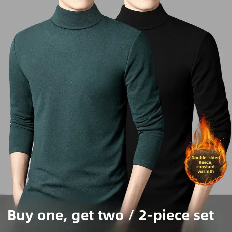 Men's Double-Sided Fleece Long Sleeve T-Shirt Thermal Underwear Slim Fit Half High Collar Base Shirt for Working Outdoors