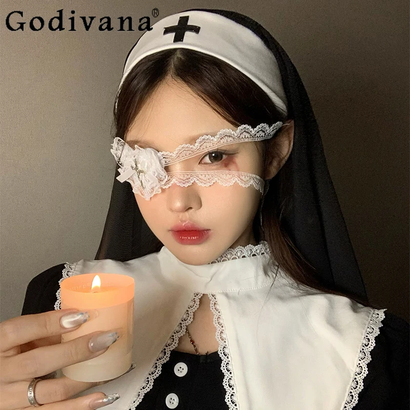 

Halloween Cosplay Cross Lolita Headscarf White Lace Eye Mask Costume Props Unique Personality
