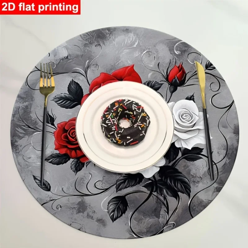 VIKAMA Round Placemats Set of 4 Red White Rose Vintage Linen Mats Non-Slip Heat Resistant for Dining Party Decor