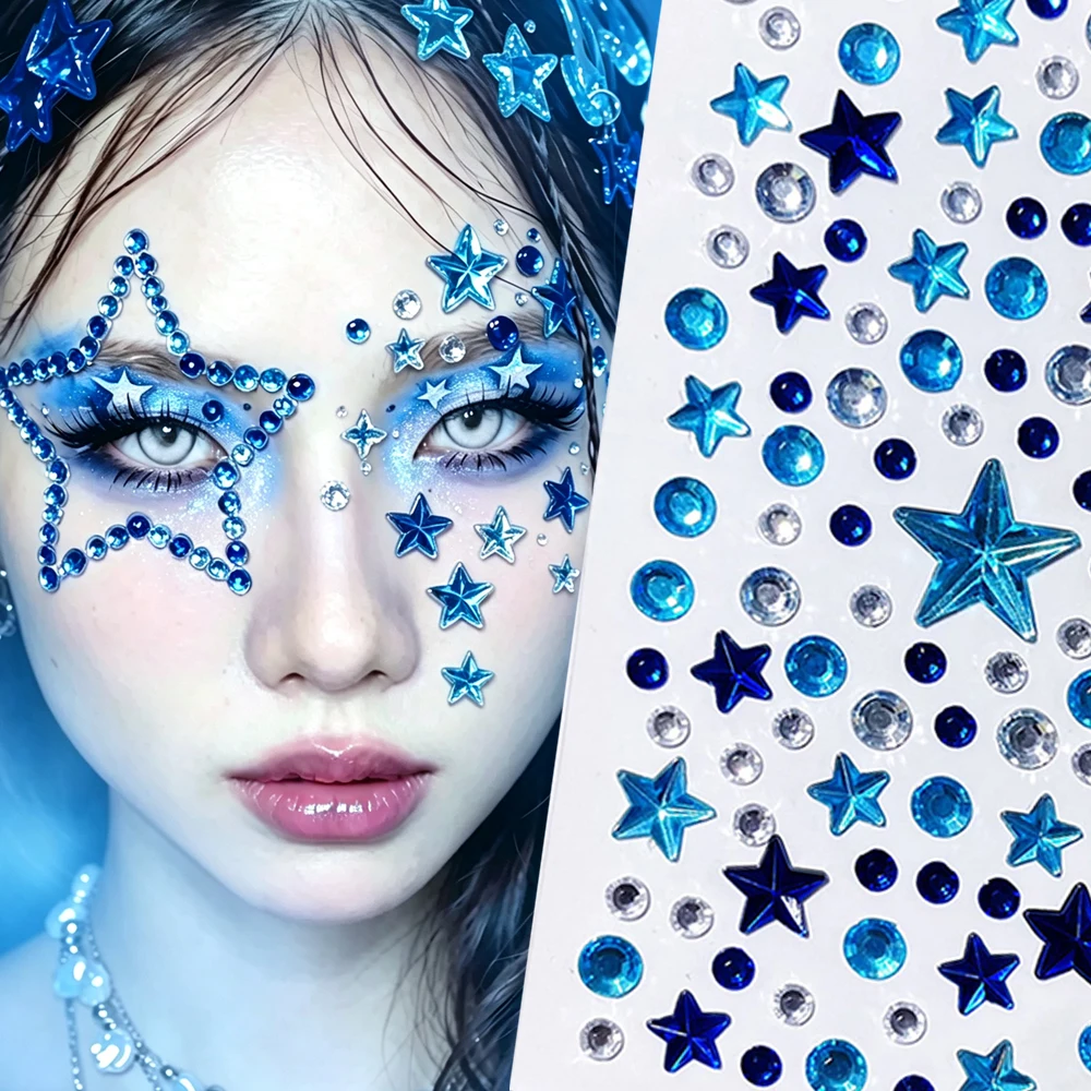 1/2pcs Blue Star Round Rhinestone Face Gems Stickers Mixed Size Sparkly 3D Crystal Gems Decals For Concert Festival Facial Jewel