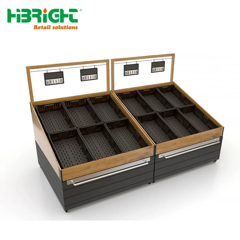 custom.Highbright Hot Selling Wood Customized Basket Supermarket Wheel Vegetable Display Rack