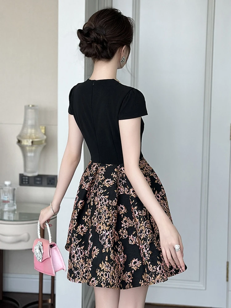 เสื้อผ้าผู้หญิงสีดำแจ็คการ์ด O-คอสลิมเอ-ไลน์มินิชุดสั้นหรูหราแฟชั่นปาร์ตี้พรหมชุดเดรสโอกาสที่เป็นทางการใหม่