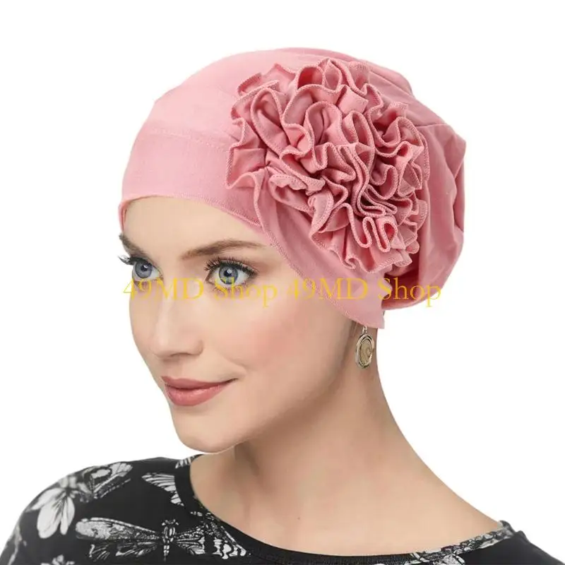 49MD Comforting Weave Chemotherapy Hat Thin Polyester Hat With Decorative Flower For Ladies