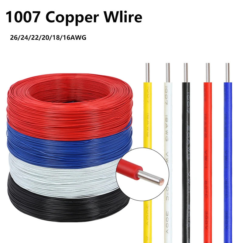 Cable Eléctrico de Cobre 1007 de 2/5/10m, 26 24 22 20 18 16 14AWG, Monopolar, Aislamiento de PVC, Línea Sólida, Recubierto de Estaño