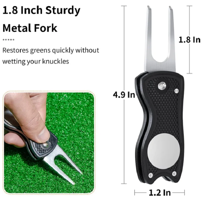 Foldable Golf Divot Repair Tool with Magnetic Ball Marker and Pop-up Button Green Tool Accessories with Metal Fork Tine