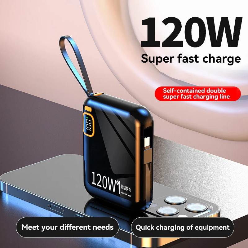 2025 120W 50000mAh Banco de potência portátil Cabo de alta capacidade Mini Powerbank de carregamento rápido bidirecional para iPhone Samsung ﻿ Novo