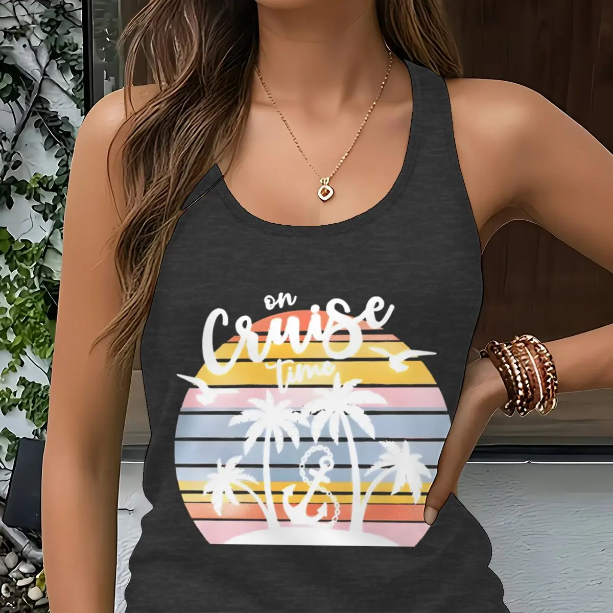 Vintage On Cruise Time Graphic Tank Tops For Women Summer Beach Print Tee Sleeveless Vest Retro Sunset Palm Tree Vacation Vest
