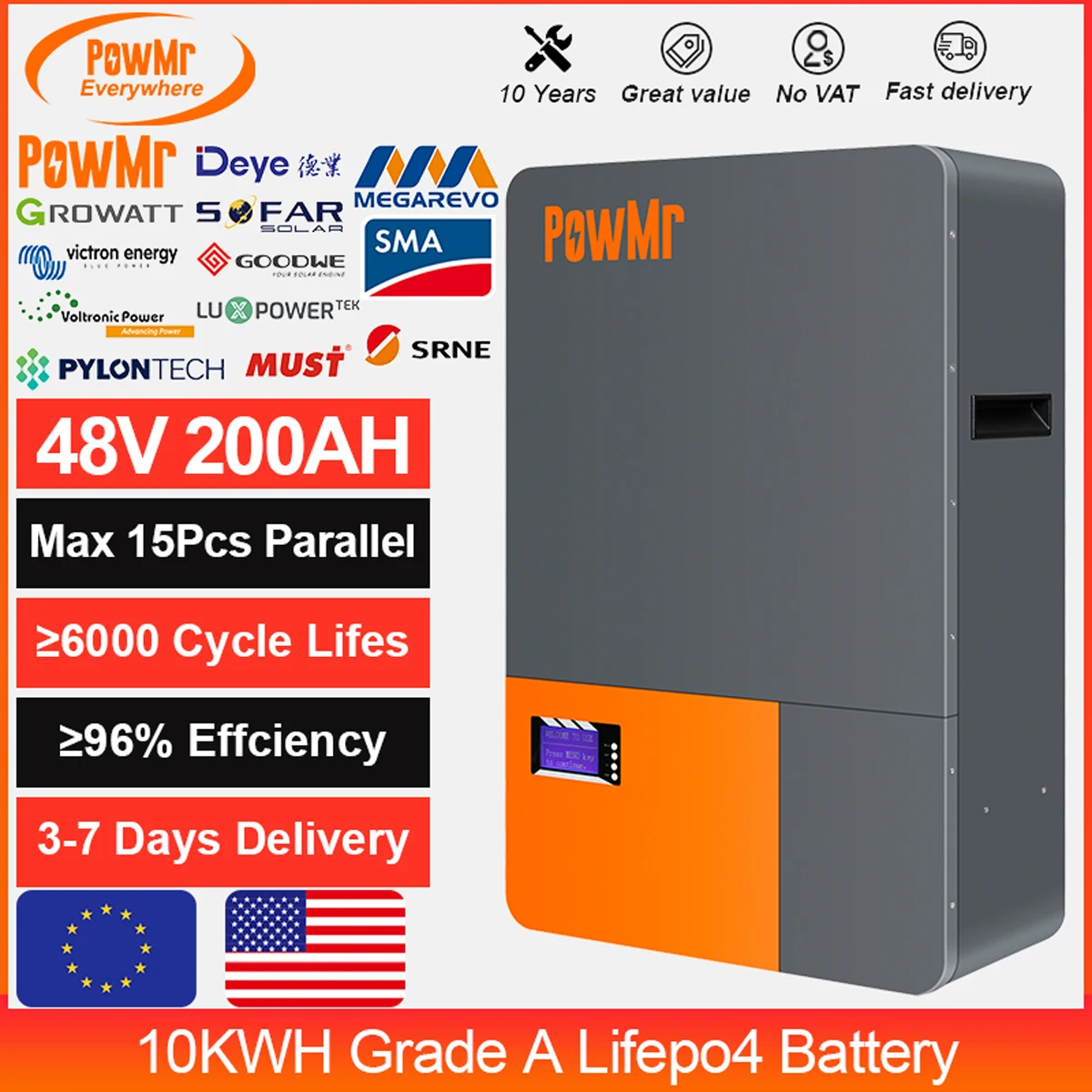 USA EU Stock PowMr Powerwall 48V 200AH LifePO4 Battery Pack 10KW Lithium Bateria Parallel 15 Units BMS PC RS485 CAN 6000+ Cycle