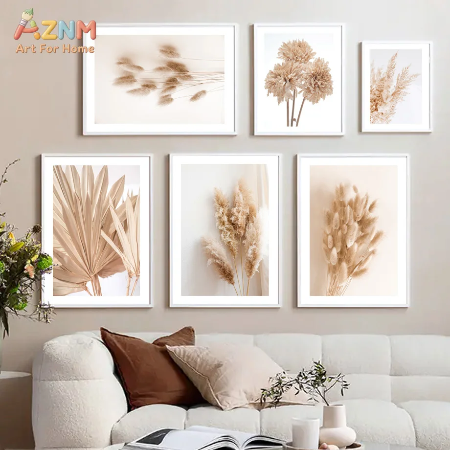 AZNM Neutrale Boho Getrocknete Pampasgras Leinwand-Wandkunst Beige Botanischer Pflanzendruck Ungerahmtes Leinwandgemälde für Wohnzimmer Zuhause D