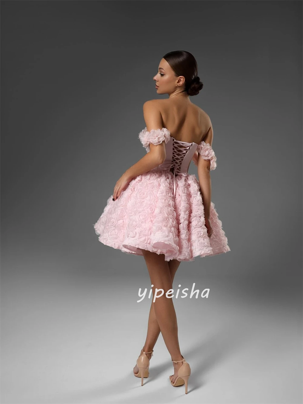 

Customized Modern Style Women Tulle Handmade Flower Ruched A-Line Evening Dresses Fashion Off-the-shoulder Knee Length Dresses