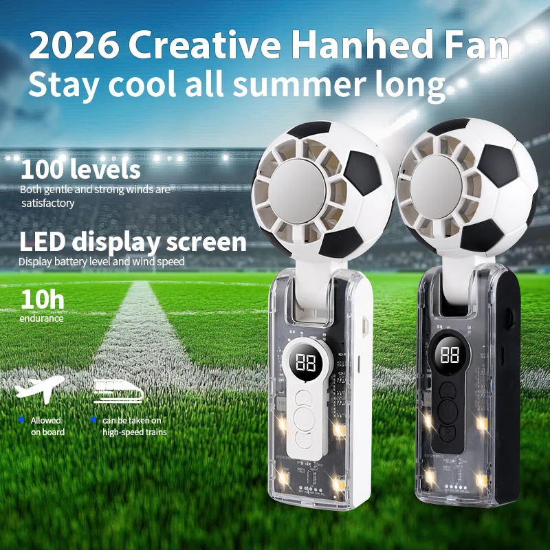 

Портативный высокоскоростной ручной вентилятор, дизайн в футбольной тематике 2026 года, вентилятор с функцией охлаждения, LED-дисплей, 100 уровней мощности, перезаряжаемый вентилятор для шеи