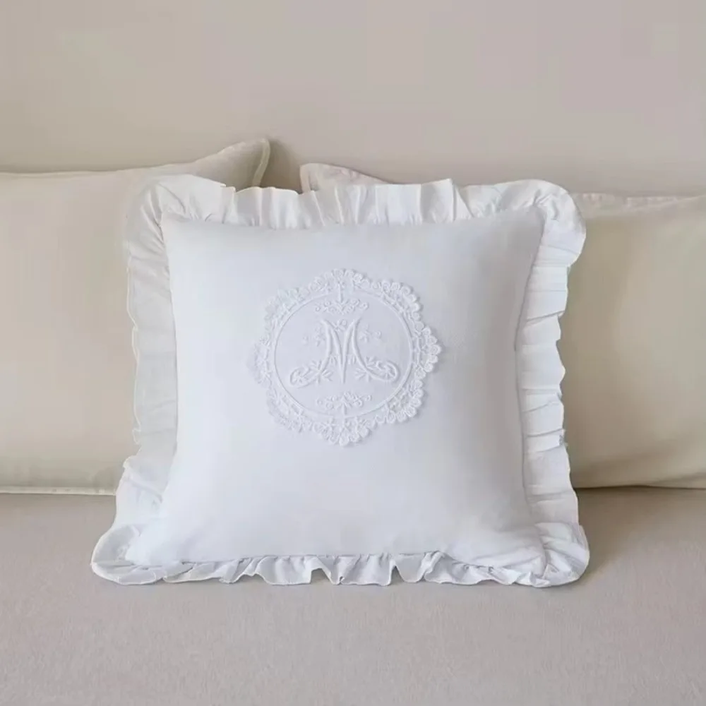 Comfortable with Lotus Frill Pillow Cover Washed Material French Lace Cushion Cover Embroidered Soft Bedroom Pillow Shell